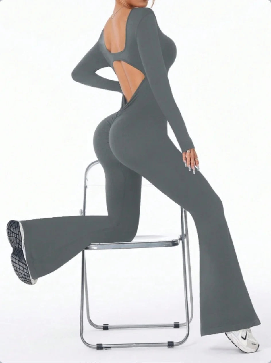 High quality solid color long sleeved compression exercise jumpsuit women's sportswear bell bottom pants sexy push up yoga set