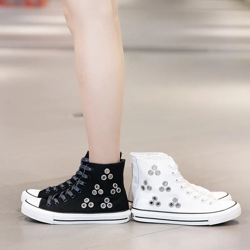 Breathable Hollow Canvas Short Boots Summer Women Black Casual Shoes Punk Rivet Flat Bottomed Shoes 2CM Woman High top Sneakers