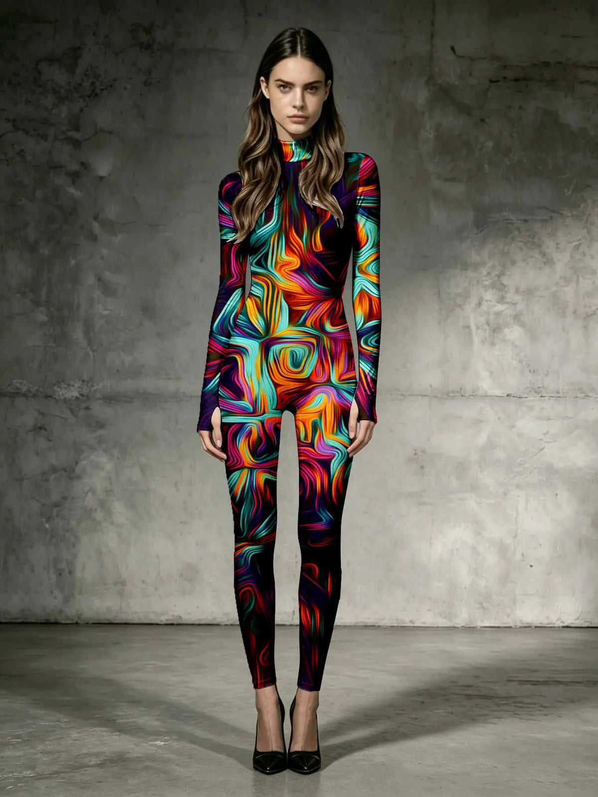 Stand up jumpsuit slim fit waist cinched long sleeved silhouette comfortable stretch women's clothing