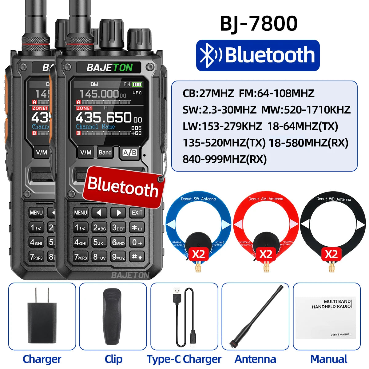 2PCS BAJETON BJ-7800 Walkie Talkie NOAA Long Range SW MW LW AM SSB CB Receive Wireless Bluetooth Phone Programming Two Way Radio
