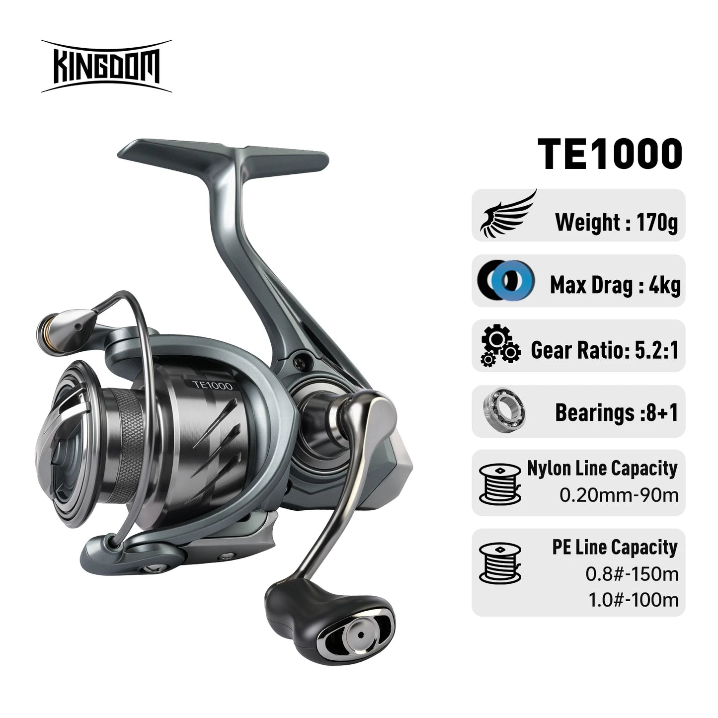 Kingdom TERTIA Spinning Fishing Reel Ultra-Long Casting 1000-5000 Max Drag 15KG 8+1 BB 5.2:1 Freshwater Saltwater Fishing