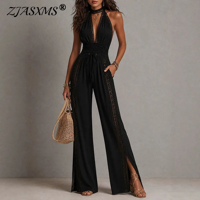 Women Slim Halter Jumpsuits Deep V Ruched Waist Drawstring Lace Wide Leg Pants Romper Sleeveless Summer Solid Vacation Playsuits