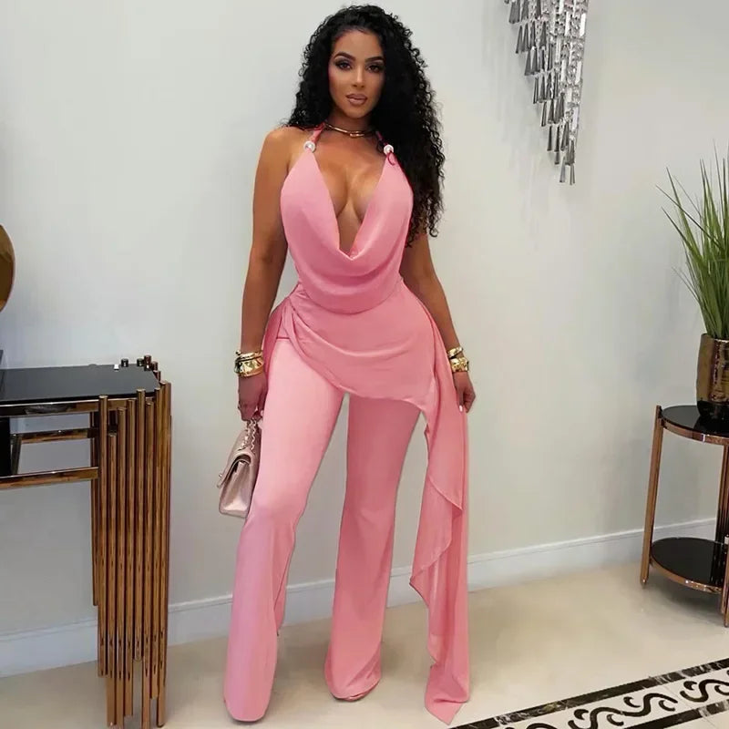 Sexy Chiffon Jumpsuits Women Backless Halter Club Party Summer Rompers Bodycon Fashion Sleeveless V Neck Overalls Beach Vacation
