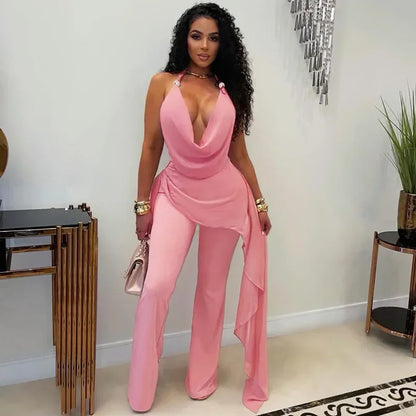 Sexy Chiffon Jumpsuits Women Backless Halter Club Party Summer Rompers Bodycon Fashion Sleeveless V Neck Overalls Beach Vacation