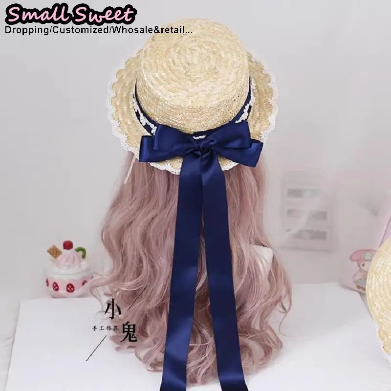 Small Sweet Store Lolita Straw Hat Lolita Princess Lace Bow Ribbon Straw Hat Women Girls Summer Straw Hats Beach Sun Hat