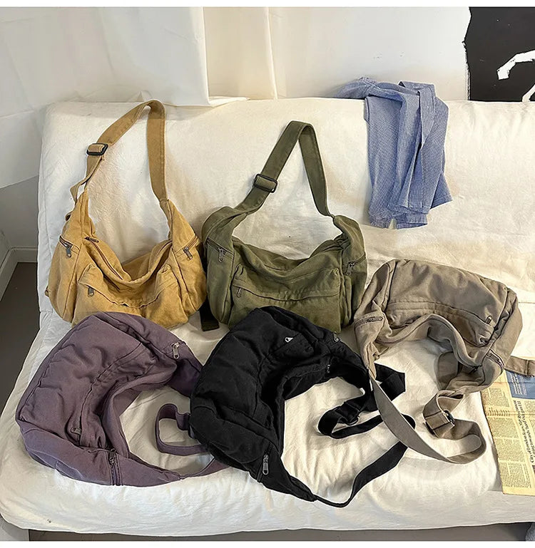 100% Cotton Shoulder Bags Women Large Capacity Canvas Tooling Packages Korea Style Cloth Crossbody Bags Solid Messenger Bags