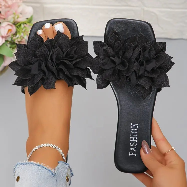Women Flat Slippers 2026 Summer New Solid Color Sandals Flowers Open Toes Slippers Casual Fashionable Beach Shoes Slides Women