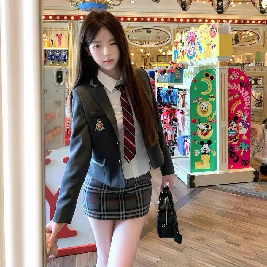 Korean and Japanese JK Uniform Suits for Women Autumn and Winter New Style College Plaid Skirt Short Small Suit Waist Shirt Suit
