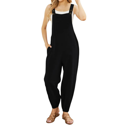 Women'S Sleeveless Overalls Jumpsuit Casual Solid Color Summer Wide Leg Bib Pants Bottons Jumpsuits Rompers With Pockets