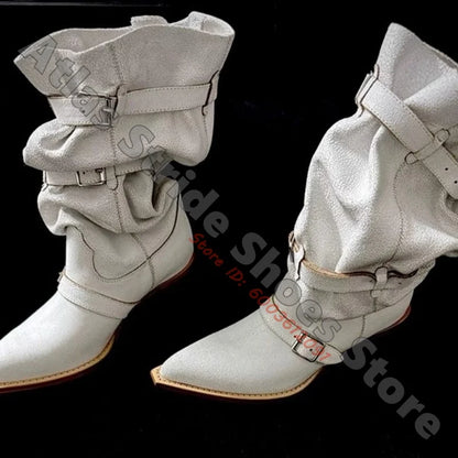 White Slouchy Cowboy Boots Pointed Toe Multi Buckle Strap Western Boots Vintage Stacked Block Heel Large Calf Fashion Party Boot