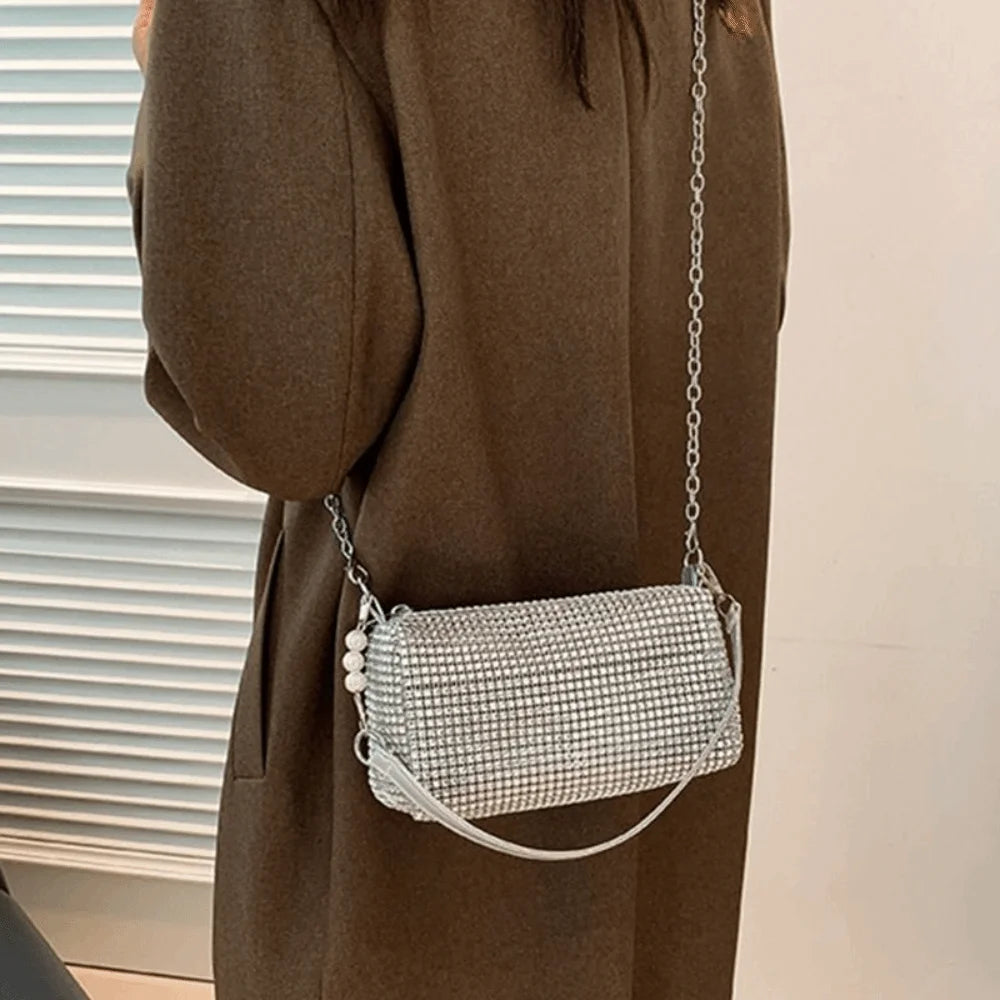 Allover Rhinestone Bucket Bag Waterproof Lightweight Women Crossbody Bag Mini All-match Glitter Chain Prom Purse for Ladies