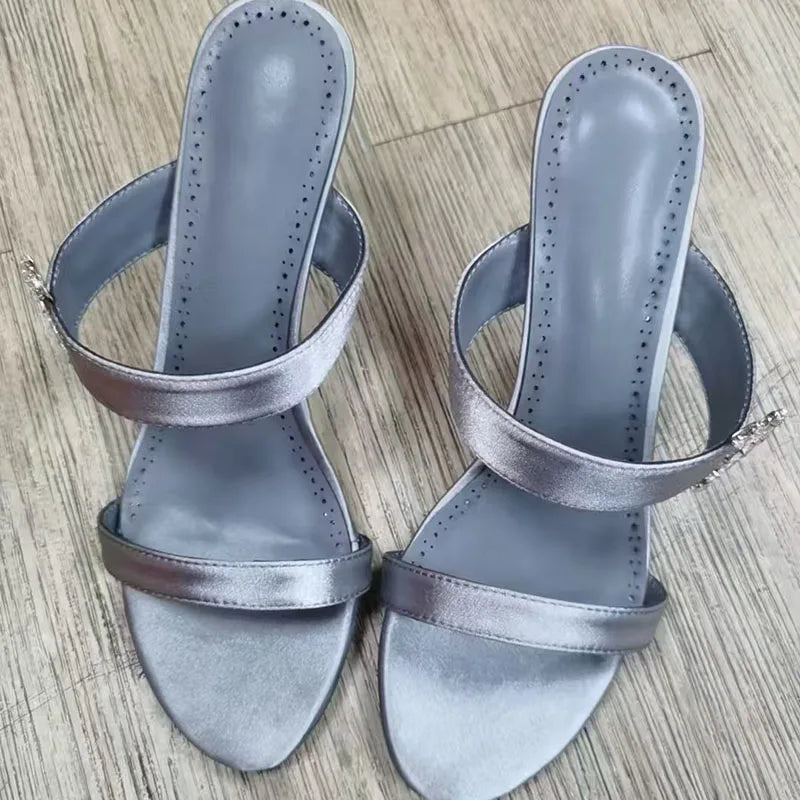 2025 Newest Rhinestone Sandals Woman Open Toe Pink Puple Luxury Satin High Heels Lady Sexy Muller Slippers