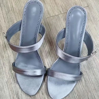 2025 Newest Rhinestone Sandals Woman Open Toe Pink Puple Luxury Satin High Heels Lady Sexy Muller Slippers