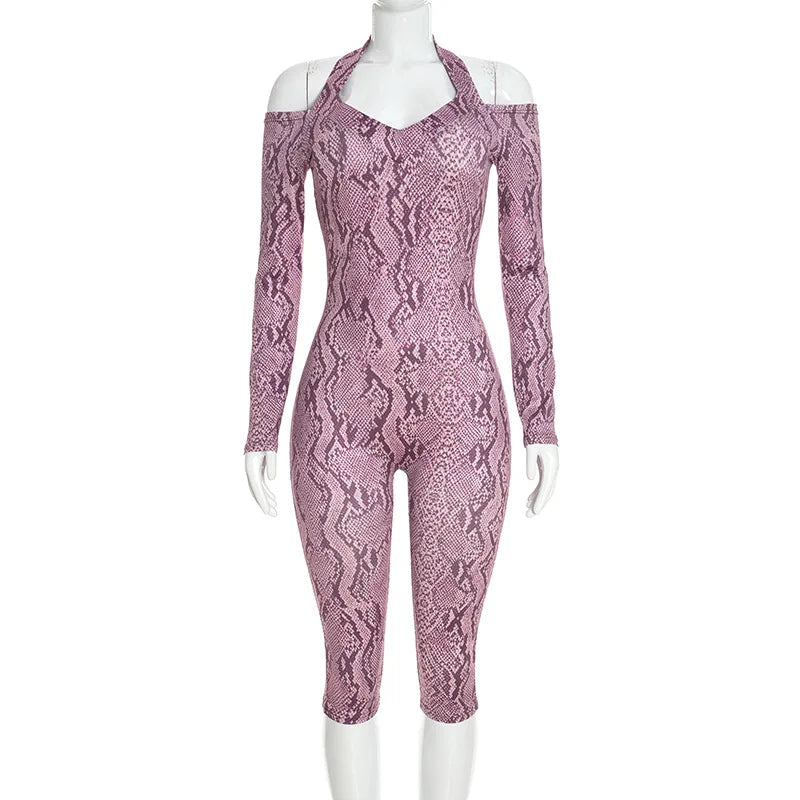 FLARORA Sexy Serpentine Print Jumpsuits Woman Halter Off-shoulder Full Sleeve Skinny Peach Hip Playsuits Hottie Party Clubwear