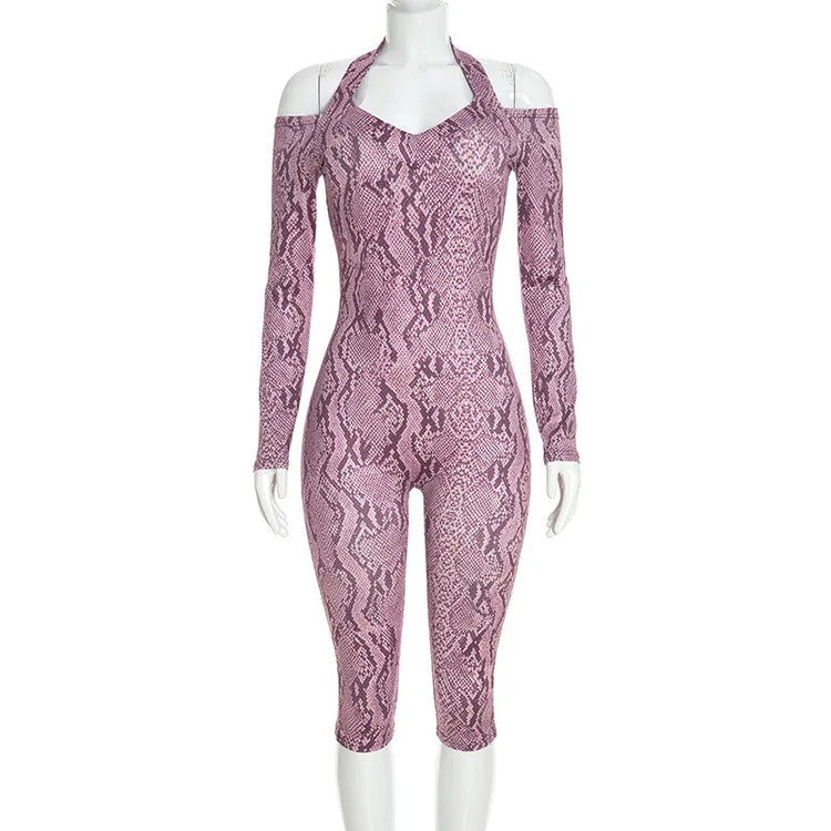 FLARORA Sexy Serpentine Print Jumpsuits Woman Halter Off-shoulder Full Sleeve Skinny Peach Hip Playsuits Hottie Party Clubwear