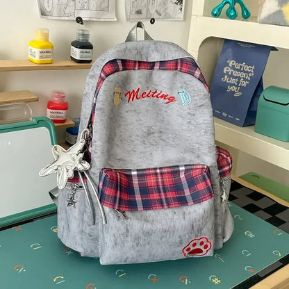 Preppy Style Blue Backpack for Girls, Plaid Spliced School Bag, Cute Nylon Daypack Star Pendant, Large Capacity Student Rucksack