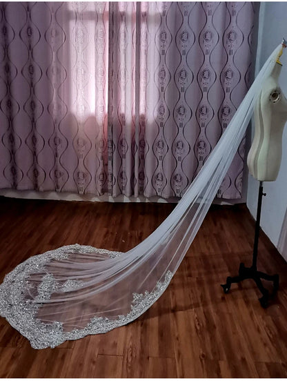 Customized Bridal Sparkling Pearl embroidery Luxury Veil Cathedral with Comb Headcloth Wedding Headwear Accessories