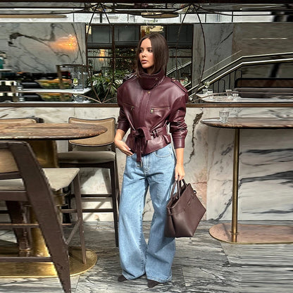 Vintage Women's Leather Jacket Stand Collar Pocket Short Coat Retro Waistband Zipper Outwears 2025 New Autumn Winter Lad Jackets