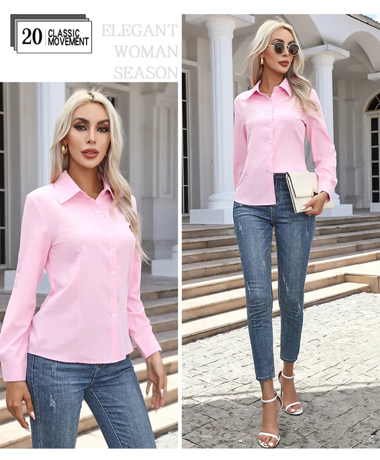 Women Elegant Solid Button Shirt Chiffon Blouse Spring Summer Casual Solid Long Sleeve Turn Down Collar Tunics OL Shirt Tops
