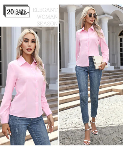 Women Elegant Solid Button Shirt Chiffon Blouse Spring Summer Casual Solid Long Sleeve Turn Down Collar Tunics OL Shirt Tops