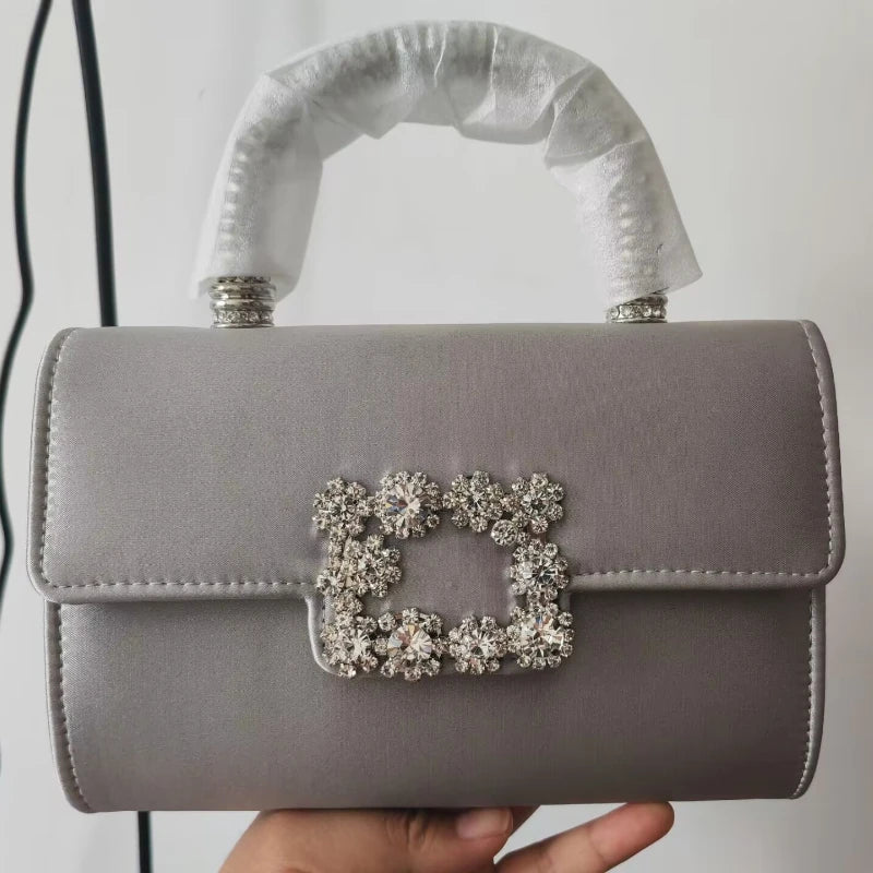 Rhinestone Faux Silk Emerald Evening Bag Silver Diamond Buckle Handle Fashion Handbags Elegant Ladies Square Bolsa Feminina