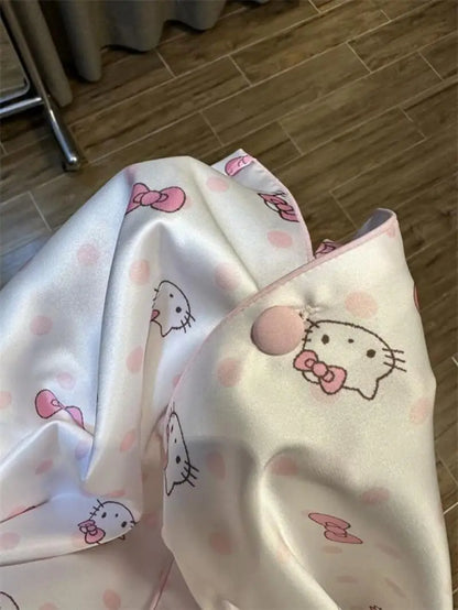 Sanrio New Pajamas 2Pcs Hello Kitty Polka Dots Pajamas Princess Style Female Autumn New Long Sleeves Dormitory Home Clothing Set