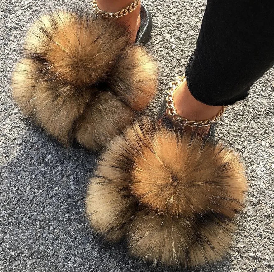 Natural Fox Fur Slippers, Fashionable Outdoor Multi-Color Animal Hair Slippers, Women's Gifts, Soft EVA Sole Slippers, On Trend
