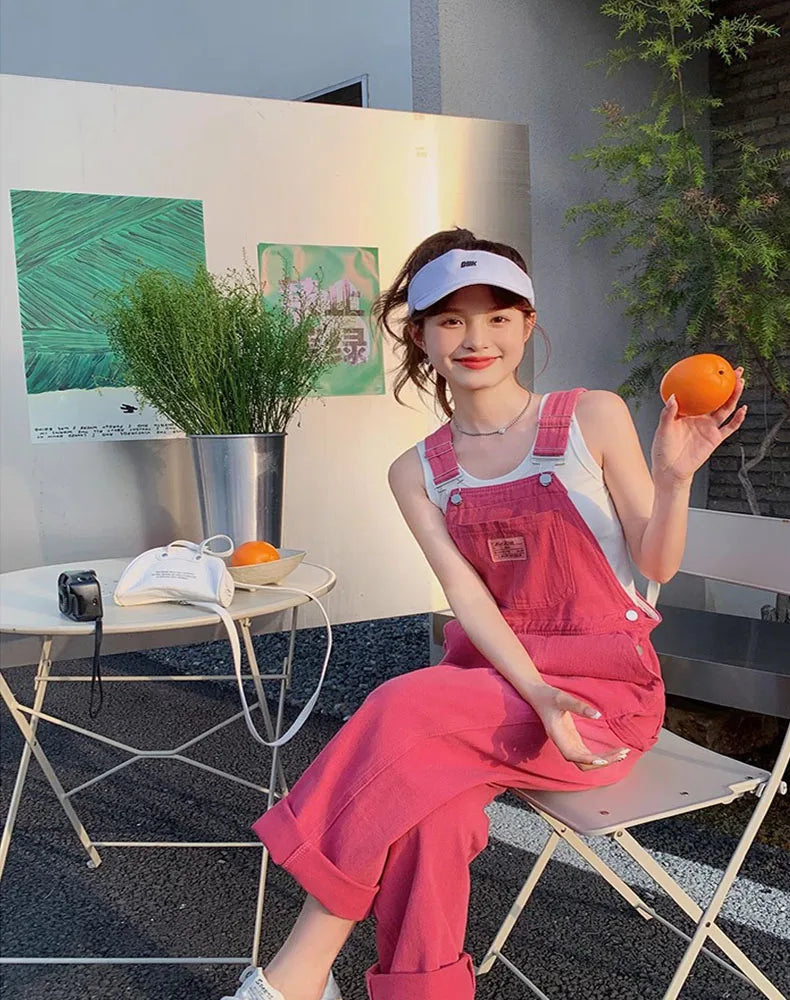 Vintage Pink Denim Overalls Adjustable Strap Wide Leg Jumpsuit Y2K Cute Campus Casual Pants