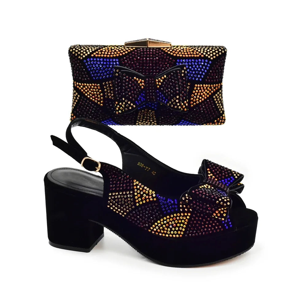 Nigeria Ladies Shoe and Bag Set Decorated with Rhinestone Block Heel Comfortable Platform Pumps Luxury Designer Shoes Women