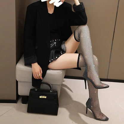 Summer New Women's New Luxury Brand High Heel Sandals Hollow Cool Boots Sexy Fashion Rhinestone Banquet Sandals Plus Size 34-42