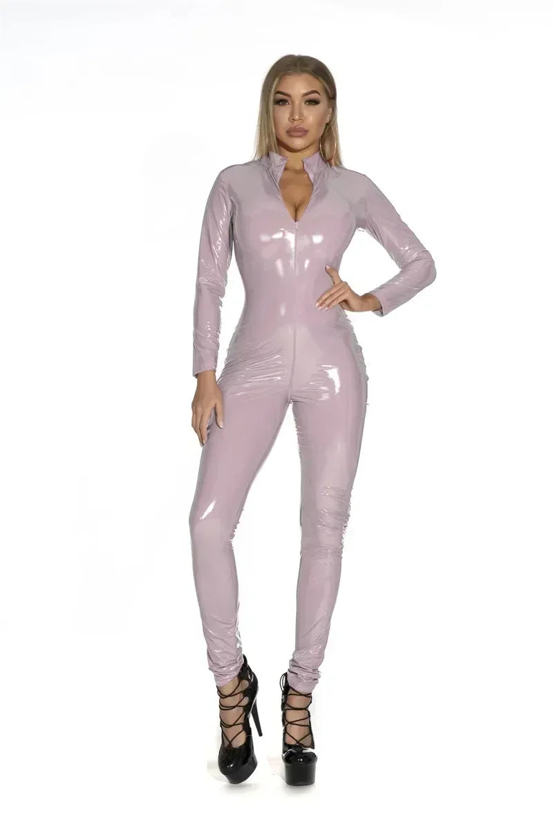 Sexy Shiny Patent Latex Bodysuit Women Sexy Latex Catsuit Black Wetlook Full Bodysuit PVC Jumpsuit Clubwear Faux Leather Costume