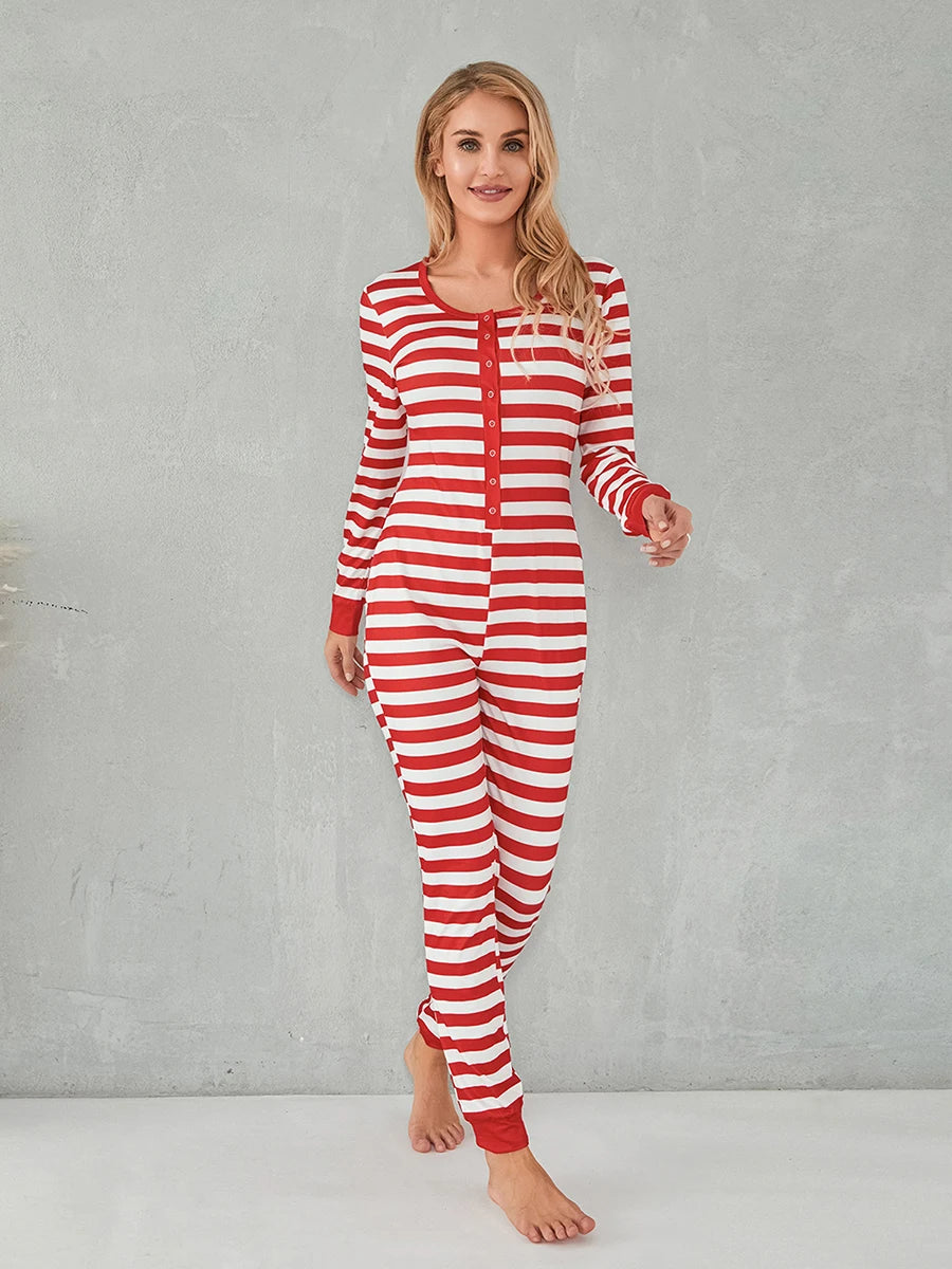Christmas Women Sexy Bodycon Pajamas Rompers Striped Print Long Sleeve Button O Neck Jumpsuits Playsuits Sleepwear Loungewear