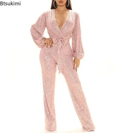 2026 Women's Elegant Sequined Jumpsuit Spring Summer Ladies Bling Bling V-neck High Waist Rompers Overalls with Lantern Sleeve