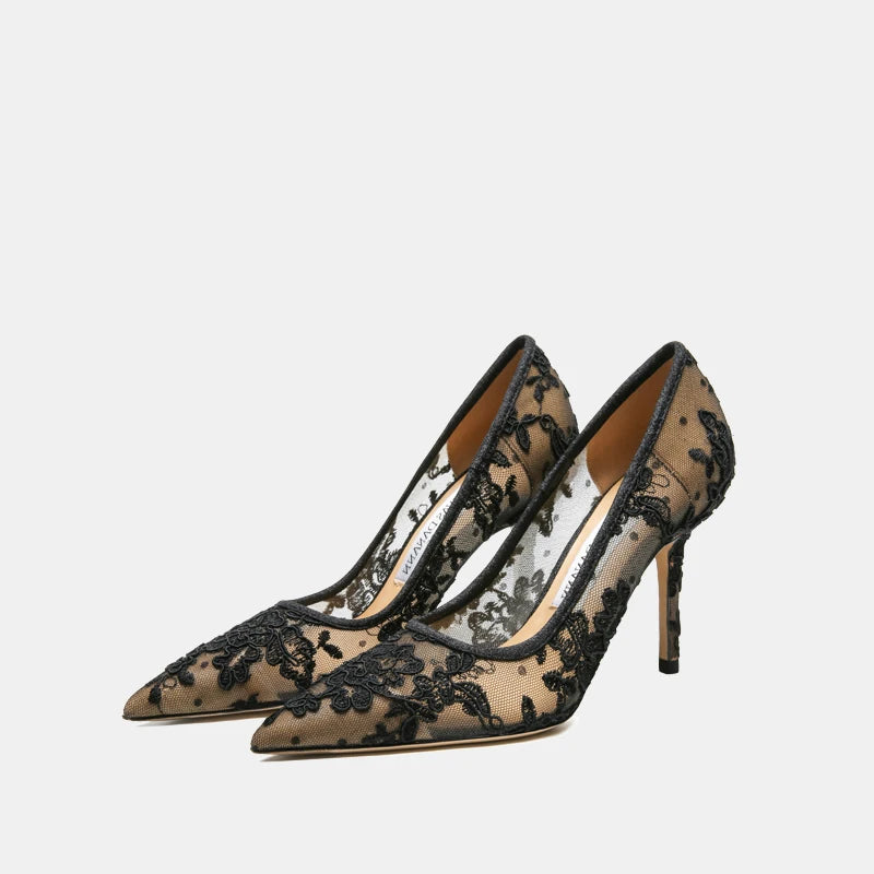 Women heels 2025 pink mesh lace Women's elegant high heels Luxury Brand Shallow Pointed Toe Sexy Pumps Ladies Prom Shoes Women