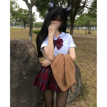 Cosplay School Uniform for Girls Japanese Students JK Uniform Short-sleeved shirt, Red Checked Skirts
