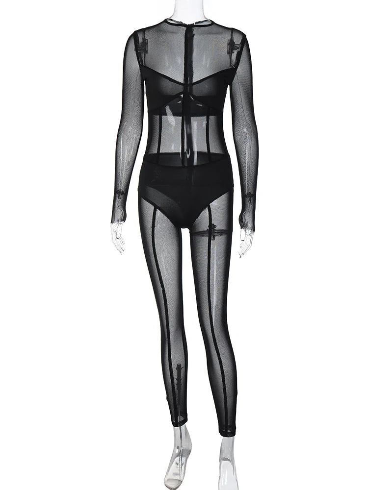 Hugcitar Mesh Long Sleeve Black Zip Up See Through Sheer Sexy Bodycon Jumpsuit 2025 Summer Women Romper Beach Festival Club Y2K