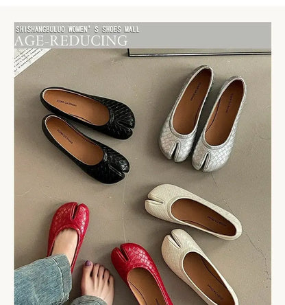 French Retro Split Toe Ballet Flats Women Red Woven Detail Tabi Slip On Shoe Woman Faux Leather Moccasin Daily Work Office Flats
