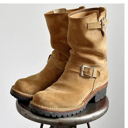 Cow Suede All-Macth Motorcycle Boots Men's Women Engineer Ort Shoes Retro Motorcycle Boots Faded Mid-Calf Shoes Motocross Boots