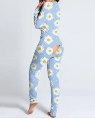 Adult Long Sleeve Pajamas Button Flip Cover Women's 1Piece Loungewear Butt Button Back Flap Jumpsuit Sleepwear Romper Home Wear
