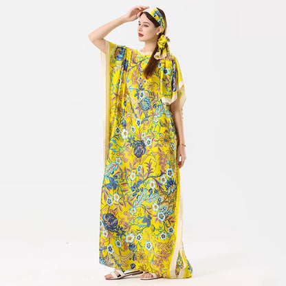 1 piece, colorful floral satin long dress, women's loose long dress, with the same color headscarf, fashionable beach robe