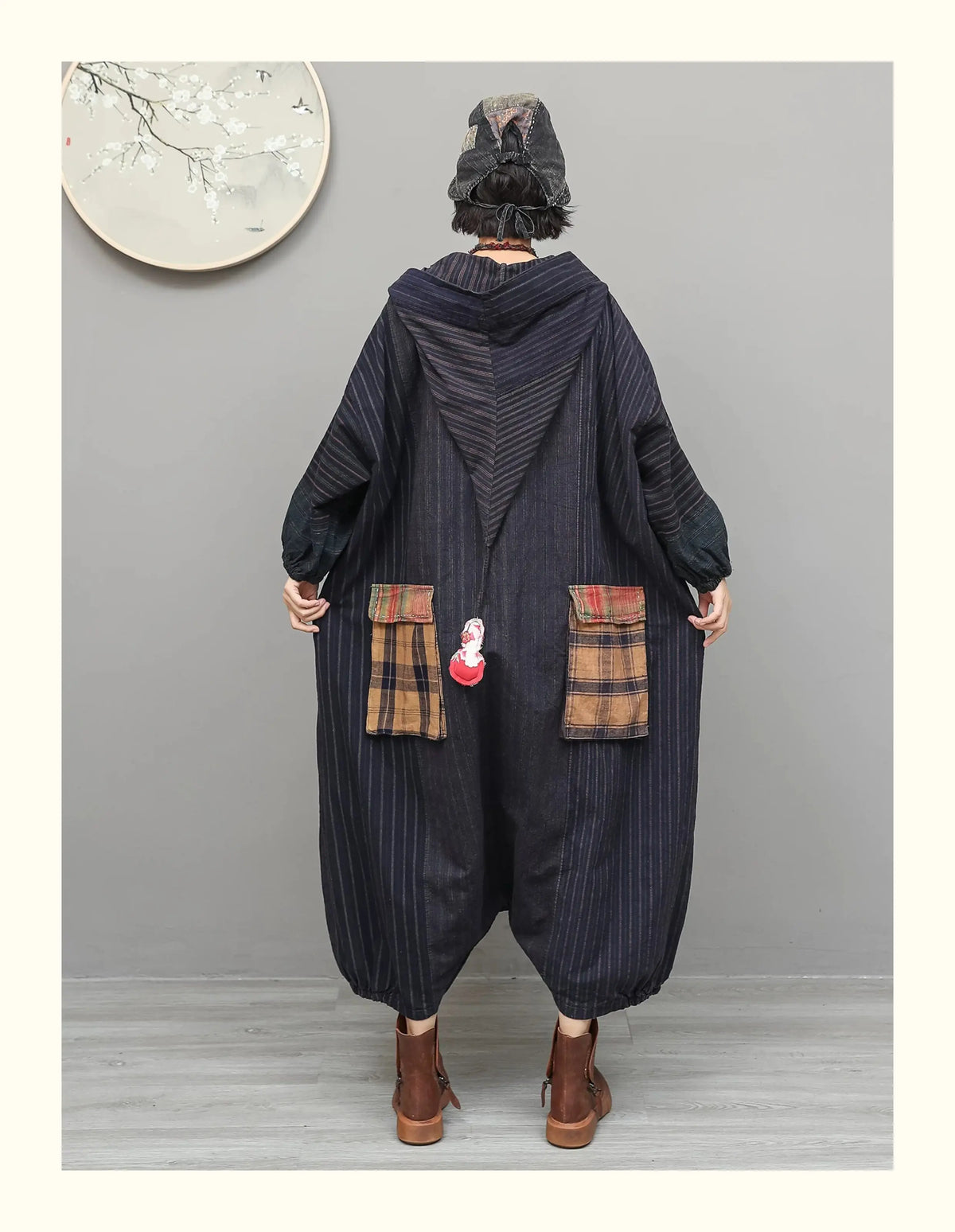 Unique Vintage-style Patchwork Jumpsuit Women Autumn Loose Hooded Long Sleeves Overalls LX6788