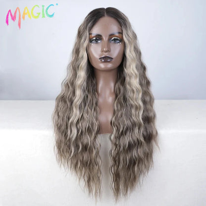 Magic Synthetic Lace Front Wig Long Deep Wavy 30 Inch Ombre Blonde Ginger Lace Wigs For Black Women Heat Resistant Cosplay Wigs
