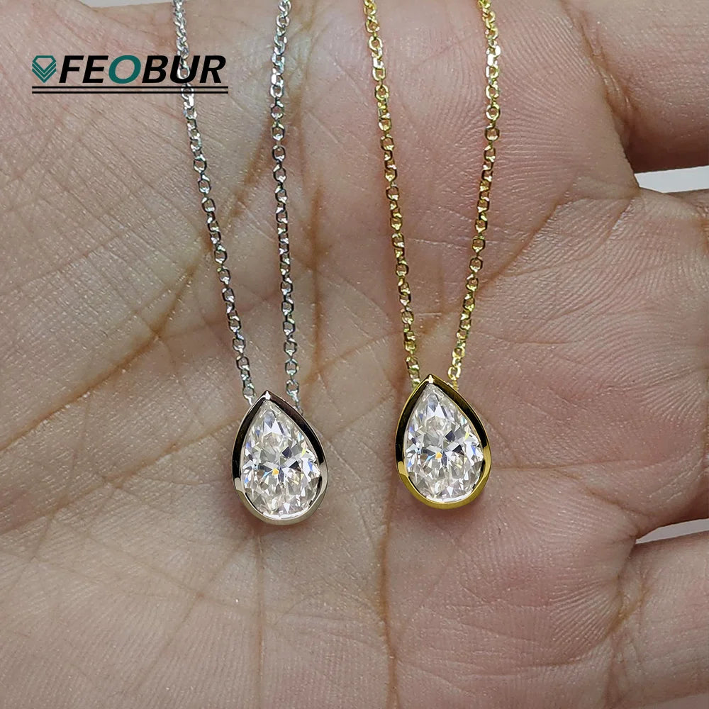 FEOBUR 1-4CT Bezel Pear Cut Moissanite Necklaces for Women Real S925 Silver WaterDrop Diamond Pendant Neckchain Jewelry Gifts
