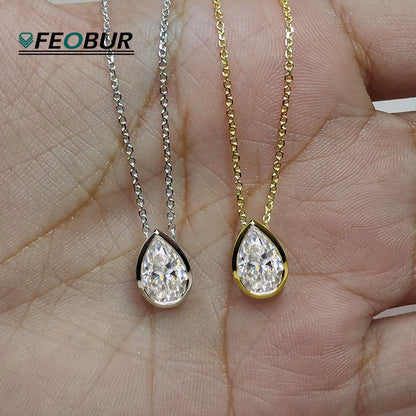FEOBUR 1-4CT Bezel Pear Cut Moissanite Necklaces for Women Real S925 Silver WaterDrop Diamond Pendant Neckchain Jewelry Gifts