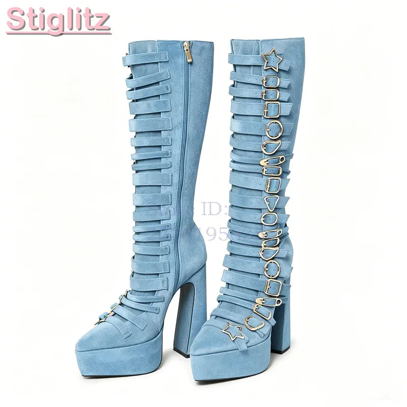 Blue Velvet Irregular Buckle Knee-high Boots Pointed  Toe Side Zipper Chunky High Heels Boots 2026 Summer New Women Punk Shoes