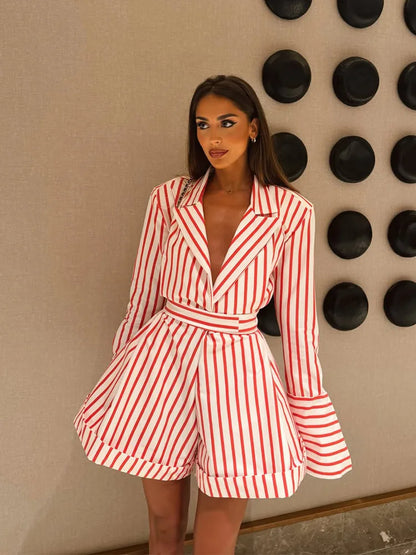 CNYISHE Women Playsuits Striped Prints Turn-down Collar Long Sleeve Casual Fitness Female Jumpsuits Fashion Streetwear Holiday
