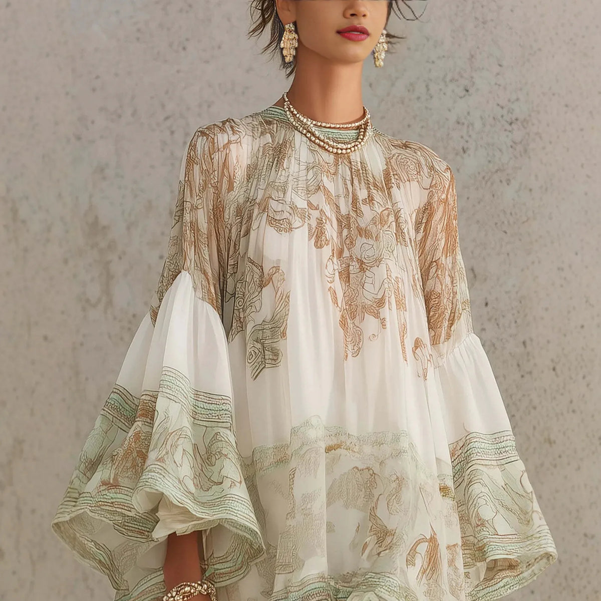 2026 New European and American Style Printed Lotus Leaf Hem Dress for Women, Vacation-Inspired, Loose Fit, Flowing, Stylish Shor