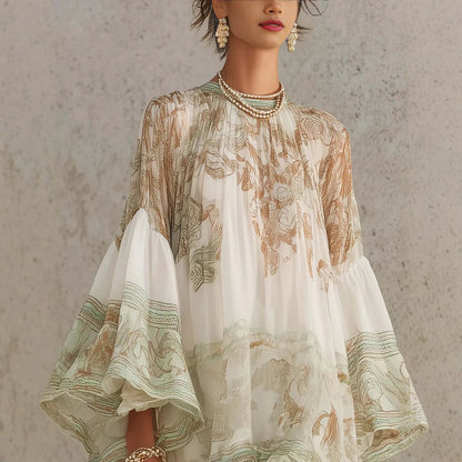 2026 New European and American Style Printed Lotus Leaf Hem Dress for Women, Vacation-Inspired, Loose Fit, Flowing, Stylish Shor