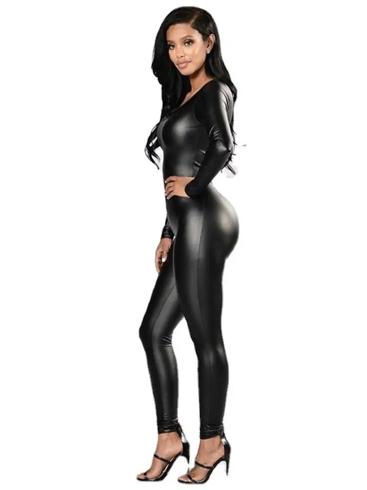 New Elastic Patent Leather Long Sleeve Jumpsuit Tights Cosplay Bodysuit Leotard Sexy Catsuit Clubwear Lingerie Teddies Jumpsuit