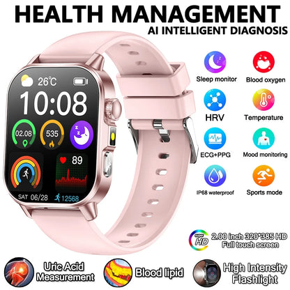 2026 New Professional-Grade Health Smart Watch Men ECG BP HR Uric Acid Lipid BMI Body Analysis Bluetooth Call Smartwatch Women